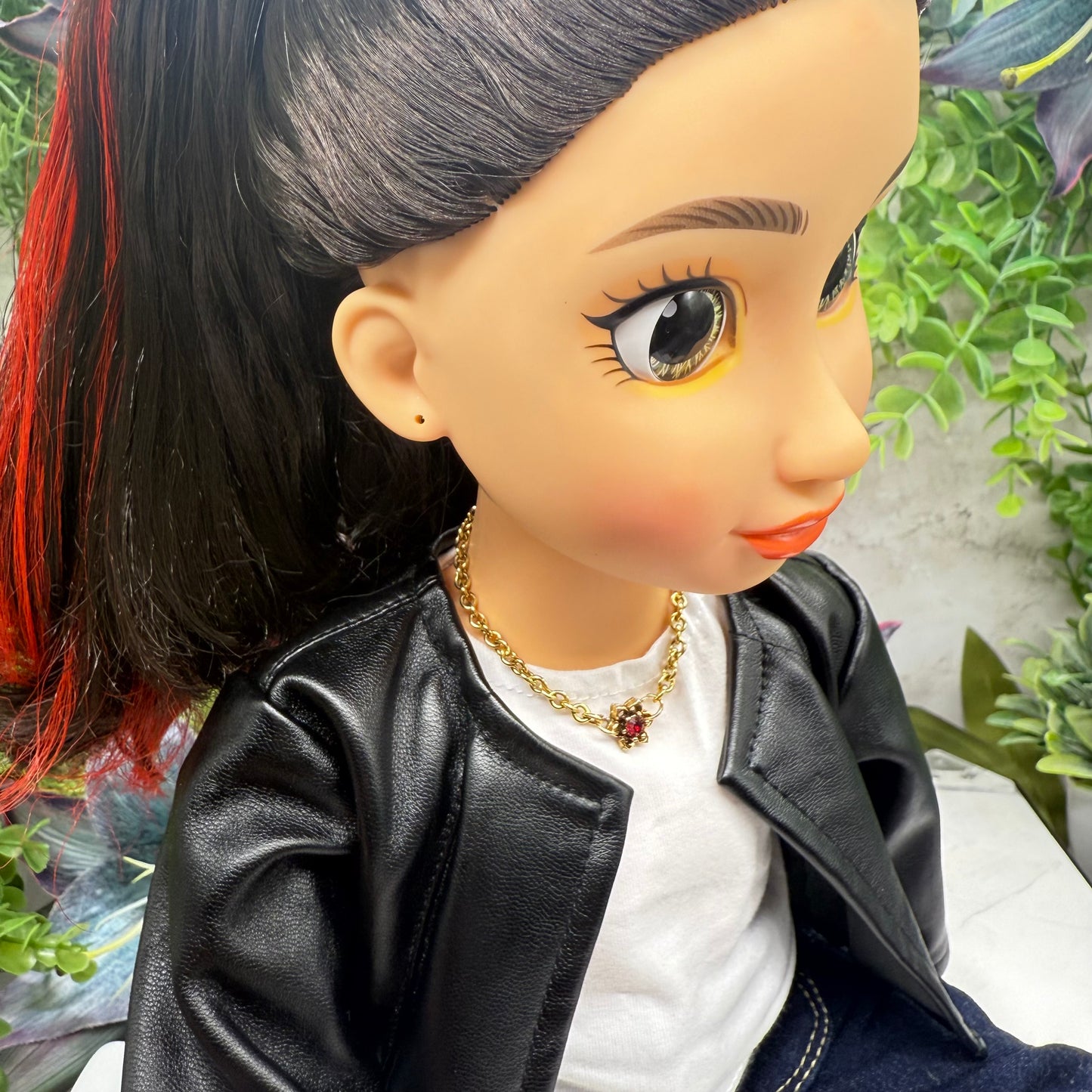 Red Rhinestone Flower Charm Gold Chain Doll Necklace • 18 Inch Doll Jewelry