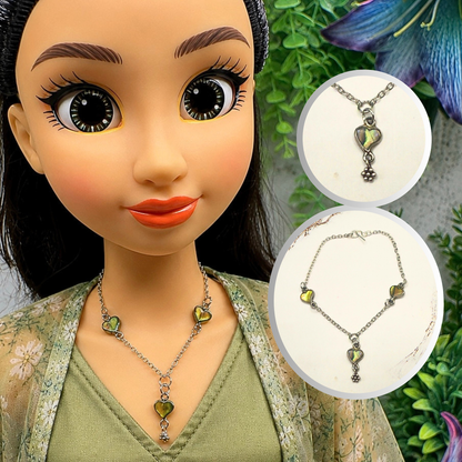 Green Multi Tone Abalone Heart Charm Y-Style Doll Necklace • 18 Inch Fashion Doll Jewelry