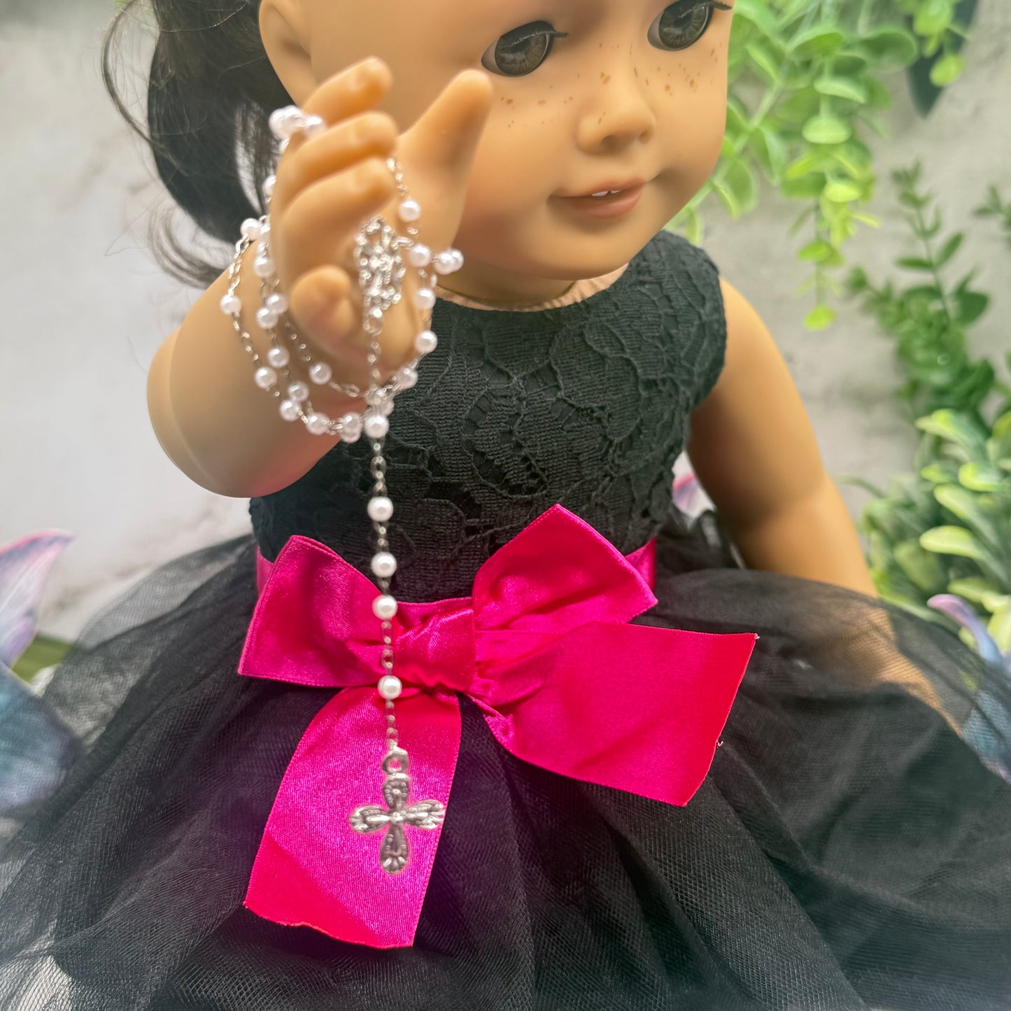 White Pearl Silver Chain & Cross • Doll Size Catholic Rosary for 18-22” Fashion or Vintage Dolls