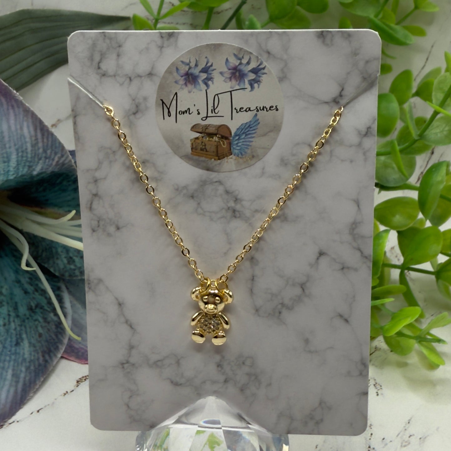 Gold Teddy Bear Rhinestone Accented Pendant Doll Necklace • 18 Inch Fashion Doll Jewelry