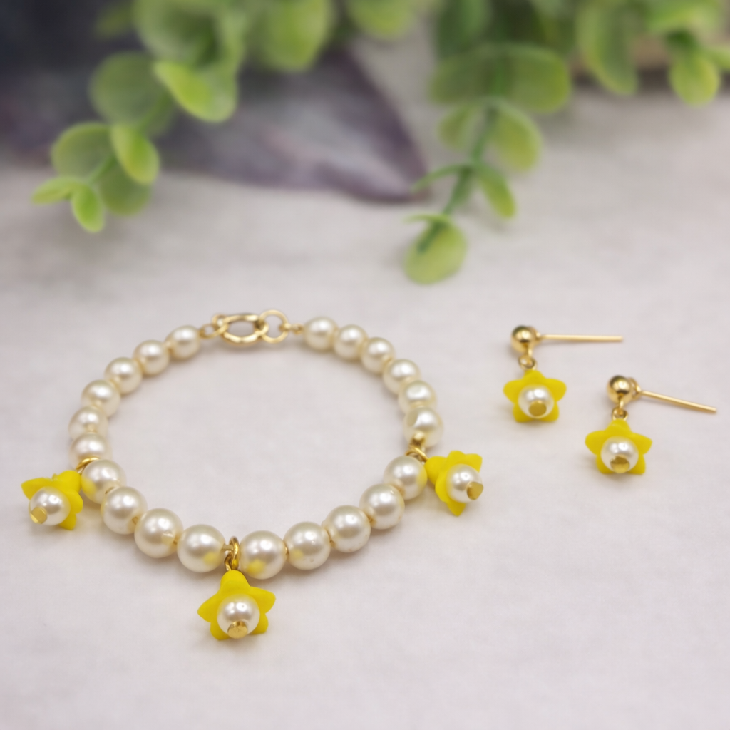 Light Yellow Bell Flower Dangle Pearl Beaded Doll Necklace & Earring • 14 Inch Fashion Doll Jewelry