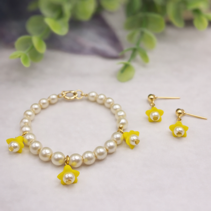Light Yellow Bell Flower Dangle Pearl Beaded Doll Necklace & Earring • 14 Inch Fashion Doll Jewelry
