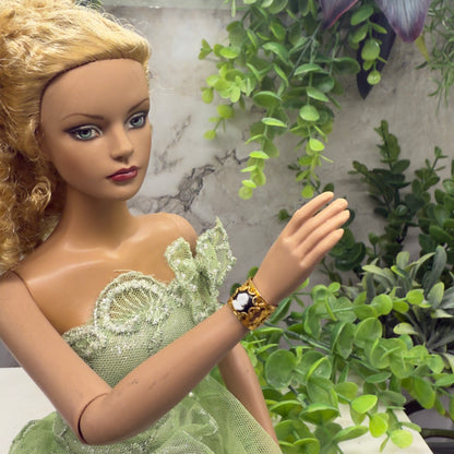 Black & White Cameo Gold Filigree Cuff Doll Bracelet • 16” Fashion Doll Jewelry