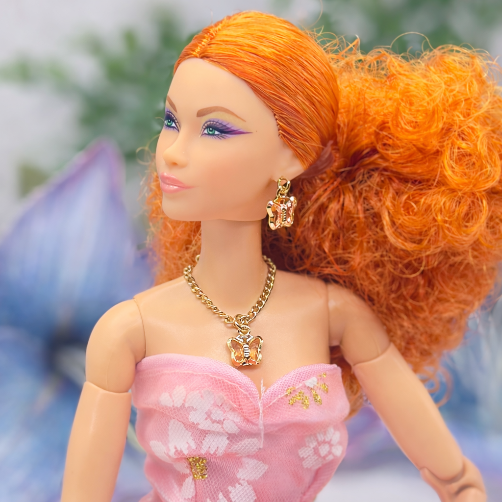Peach Pink Crystal Butterfly Gold Chain Doll Necklace & Earrings • 10-12 Inch Fashion Doll Jewelry 1:6