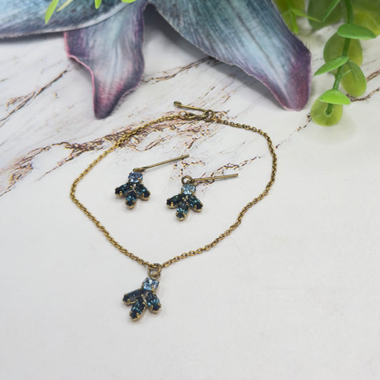 Dark & Light Blue Rhinestone Leaf Cluster Vintage Style Doll Necklace & Earrings • 18-22 Inch Fashion Vintage Doll Jewelry