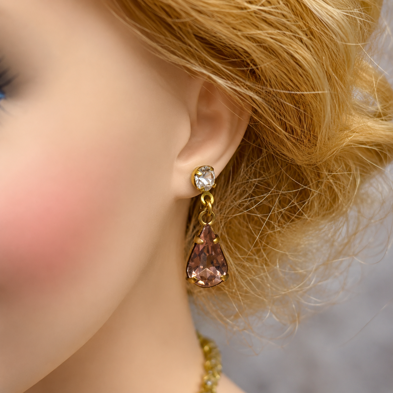 Teardrop Rhinestone Gold Doll Necklace Earrings Set 18-22” Vintage Doll Jewelry