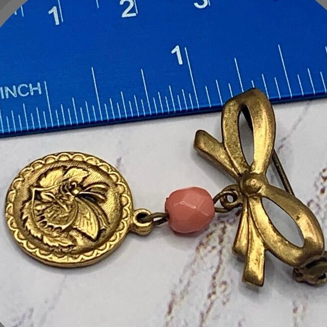 Gold Tone Bow Pin Pink Bead Gold Butterfly Flower Design Dangle • Doll Brooch
