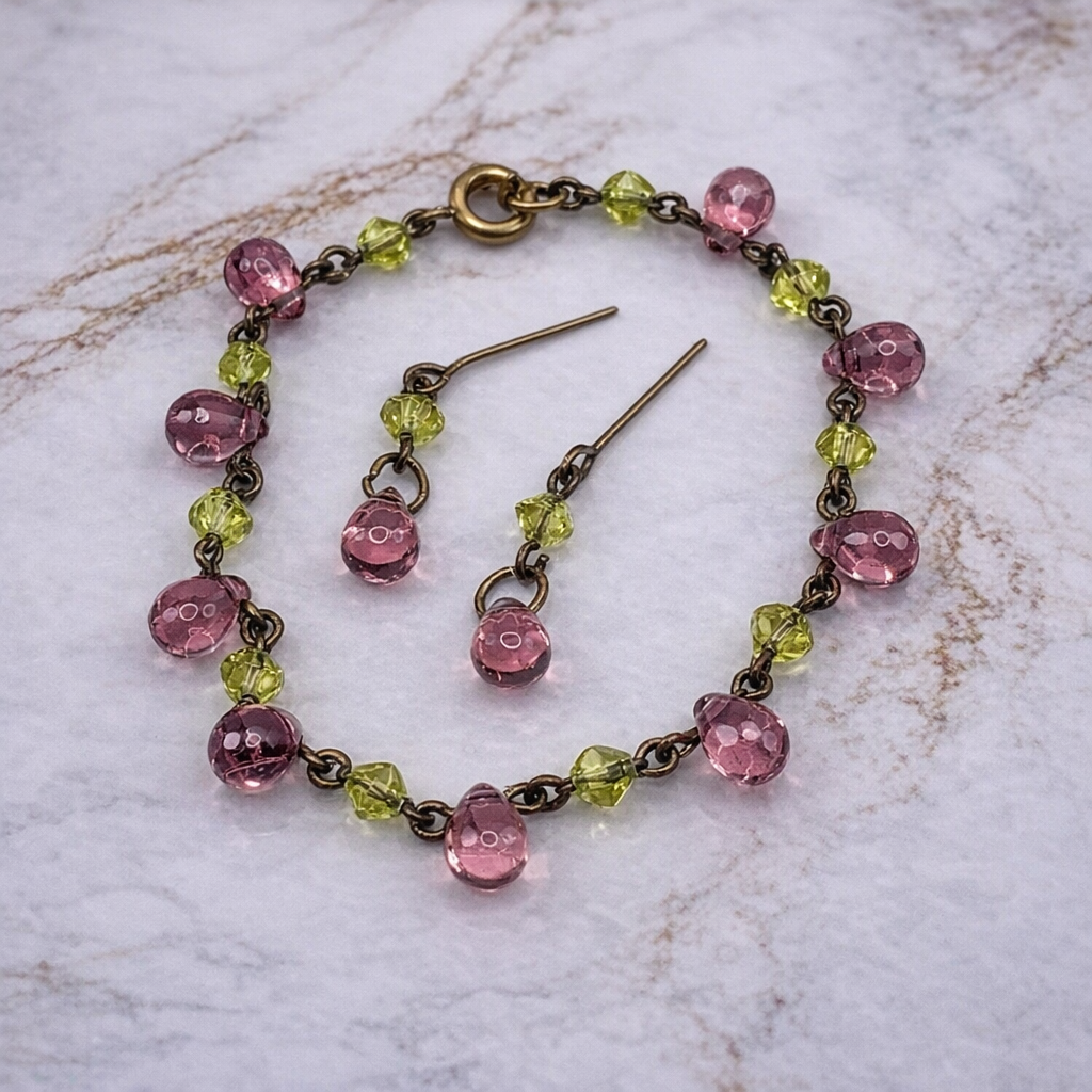 Purple Teardrop Green Glass Doll Necklace Earring Set • 16 Inch Doll Jewelry