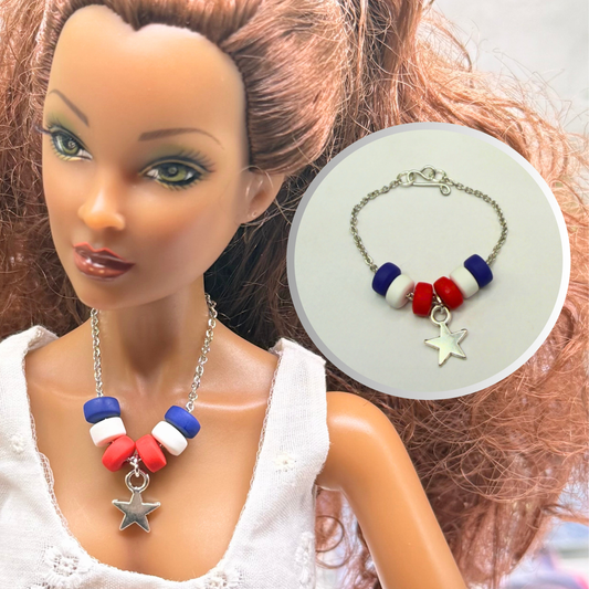 Red White Blue Beaded Silver Star Charm Doll Necklace for 16 Inch Fashion Doll