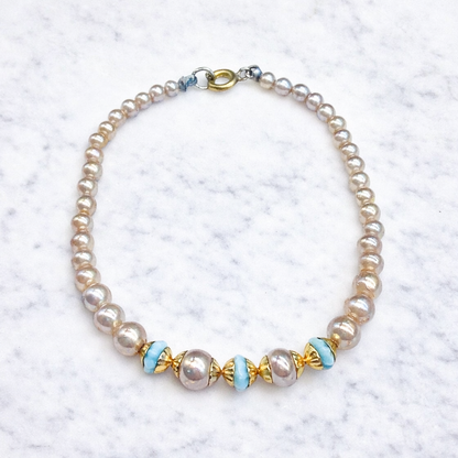 Pearl & Baby Blue Glass Bead Doll Necklace for 18-22” Vintage Doll Jewelry
