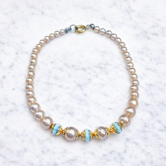 Pearl & Baby Blue Glass Bead Doll Necklace for 18-22” Vintage Doll Jewelry