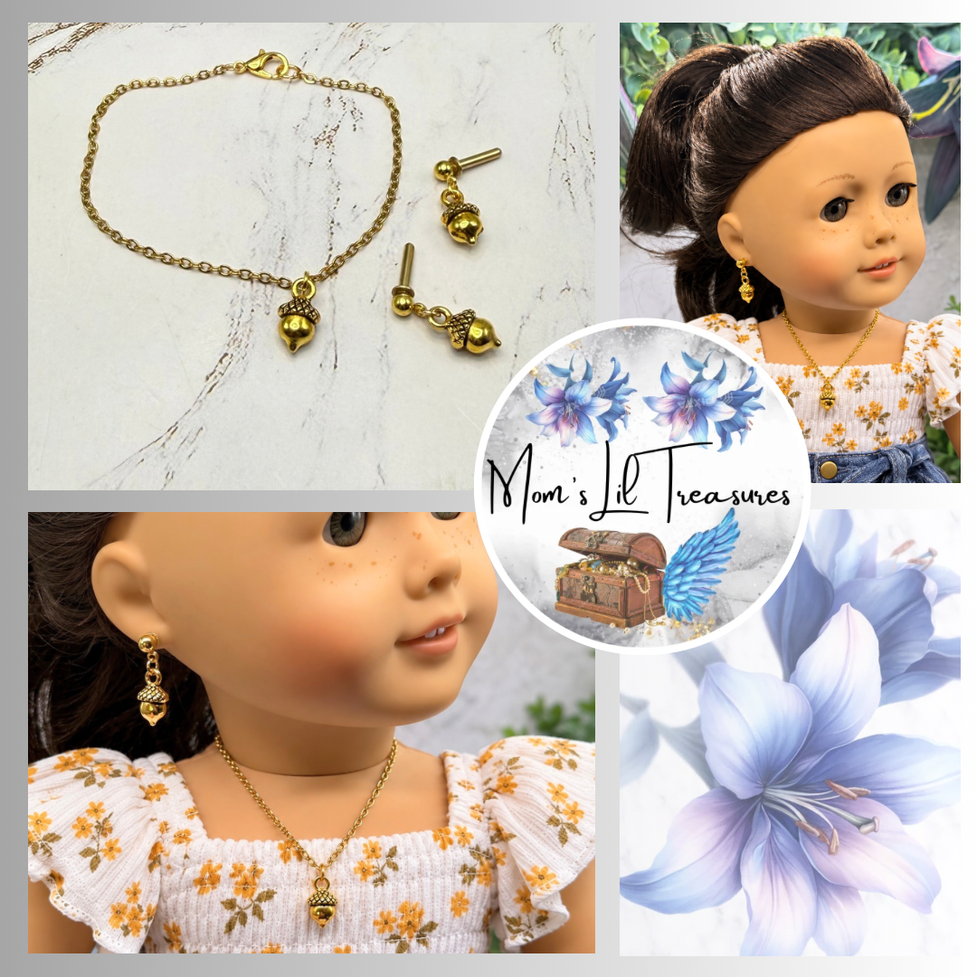Gold Acorn Fall Charm Doll Necklace & 2mm Post Earrings | for 18 Inch Dolls • American Girl