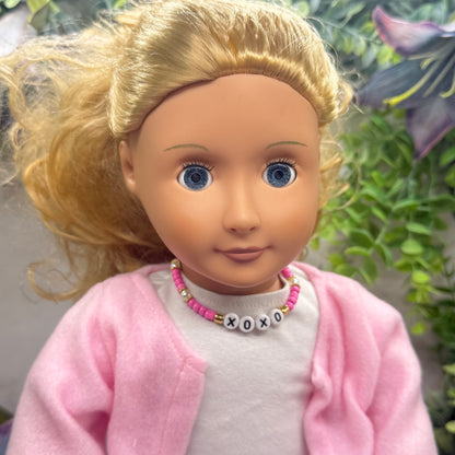 Pink & Pearl Beaded XOXO Doll Necklace Valentine’s Day • 18 Inch Fashion Doll Jewelry