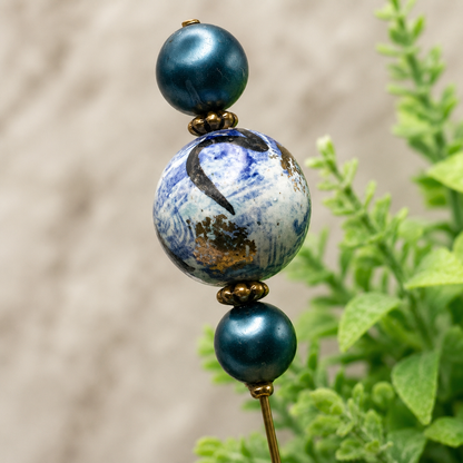 Blue Swirl Beaded - Gold Tone Findings 6” Pin • Hatpin - Stick Pin
