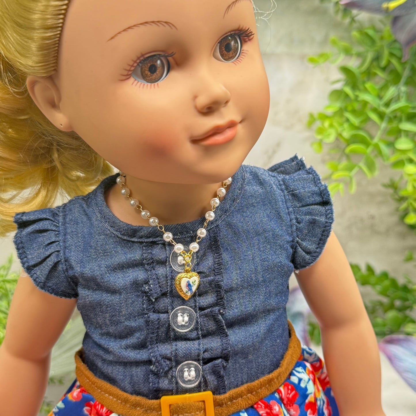 Blue Bird Design Gold Heart Charm Pearl Beaded Doll Necklace • 18 Inch Fashion Doll Jewelry