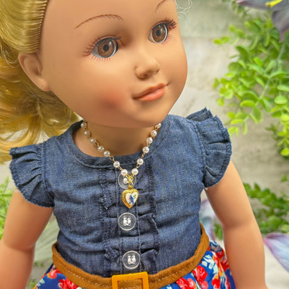 Blue Bird Design Gold Heart Charm Pearl Beaded Doll Necklace • 18 Inch Fashion Doll Jewelry