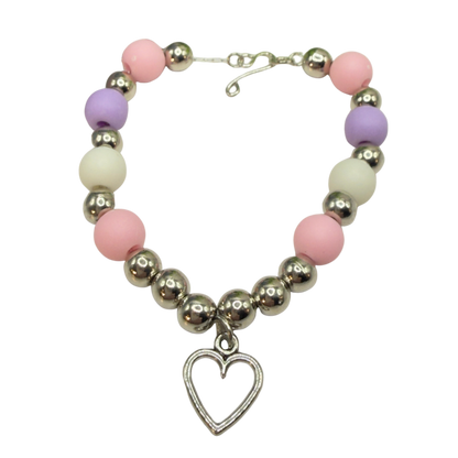 Pink Purple Silver Beaded Heart Charm Doll Necklace • 18 Inch Fashion Doll Jewelry