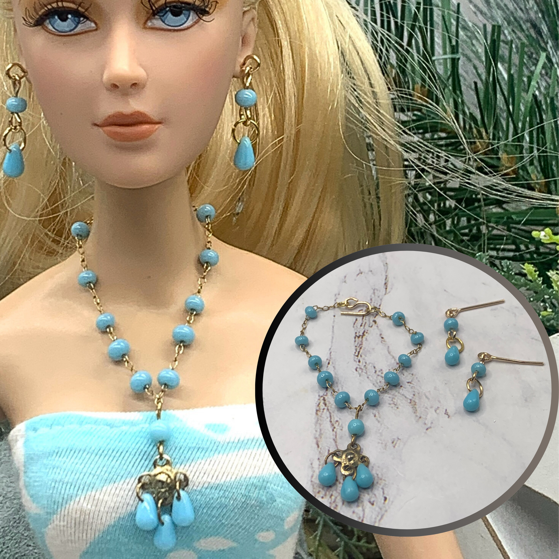 Blue Glass Beaded Pendant Necklace Earring Set • 16 Inch Fashion Doll Jewelry
