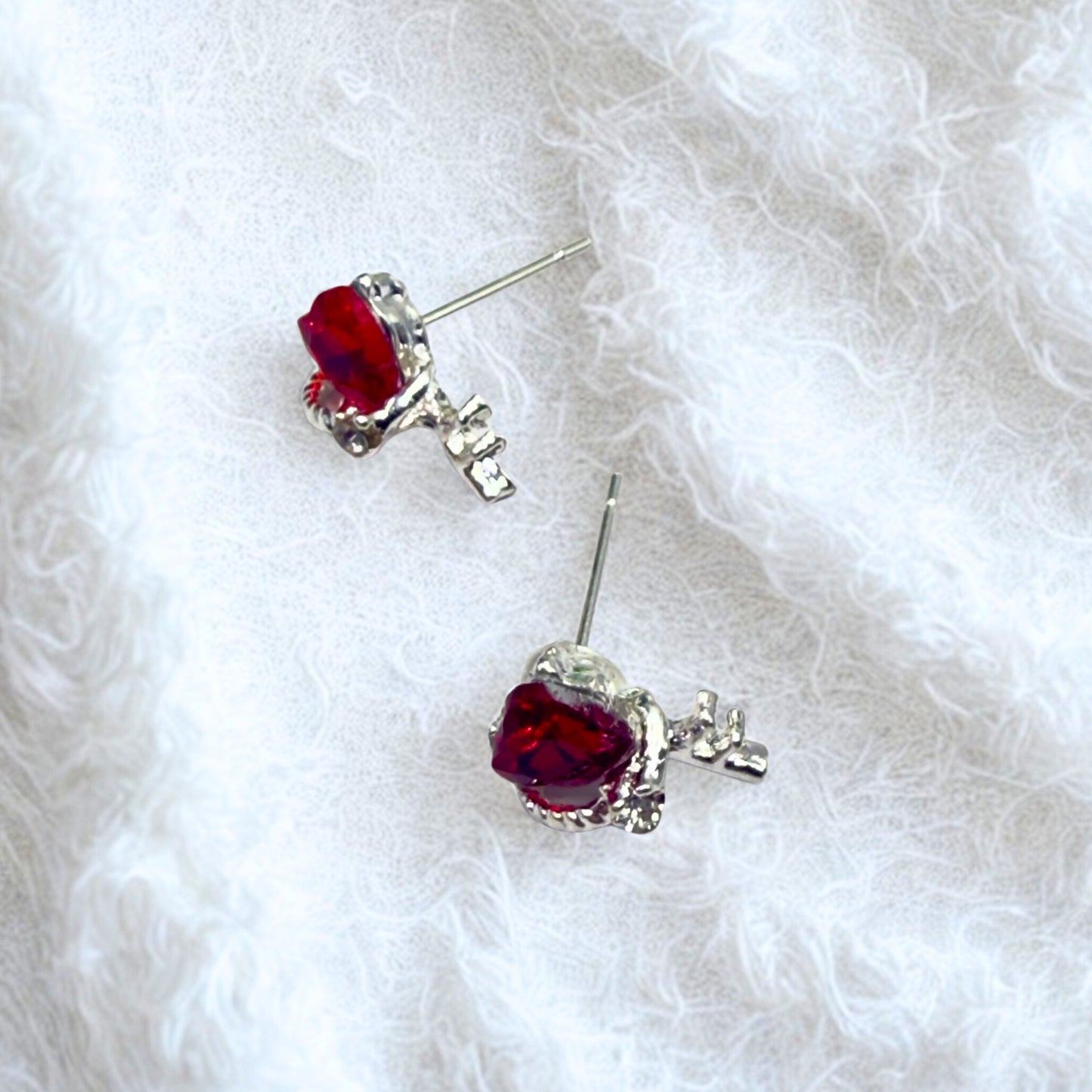 Red Rhinestone Heart Silver Key Design Post Doll Earrings • 18 Inch Fashion Doll Jewelry