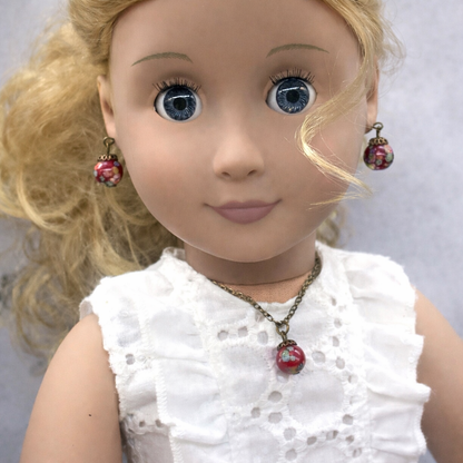 Red Glass Drop Floral Design Pendant Doll Necklace Earring Set 18” Doll Jewelry