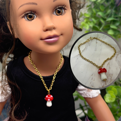 Red White Glass Mushroom Pendant Doll Necklace • 18 Inch Fashion Doll Jewelry