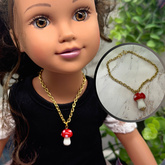 Red White Glass Mushroom Pendant Doll Necklace • 18 Inch Fashion Doll Jewelry