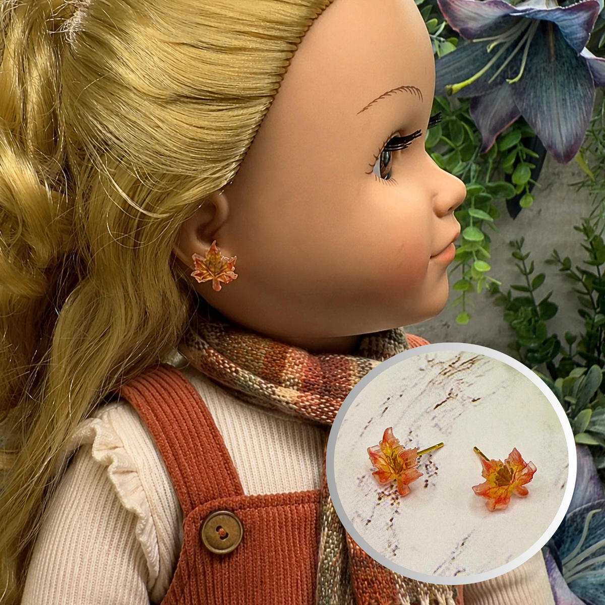 Handmade Doll Jewelry Designed to Fit popular 18 Inch Fashion Dolls: add a “Festive Fall 🍁” stylish touch to your favorite doll! Autumn Fall Maple Leaf Doll Earrings. 