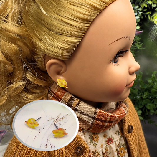 Handmade Doll Jewelry Designed to Fit popular 18 Inch Fashion Dolls: add a “Festive Fall 🍁” stylish touch to your favorite doll! Yellow Fall Autumn Fall Leaf Post Doll Earrings.