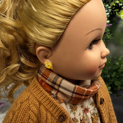 Handmade Doll Jewelry Designed to Fit popular 18 Inch Fashion Dolls: add a “Festive Fall 🍁” stylish touch to your favorite doll! Yellow Fall Autumn Fall Leaf Post Doll Earrings.