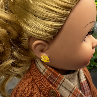 Handmade Doll Jewelry Designed to Fit popular 18 Inch Fashion Dolls: add a “Festive Fall 🍁” stylish touch to your favorite doll! Yellow Fall Autumn Fall Leaf Post Doll Earrings.