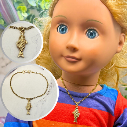 ✨ Handmade Doll Jewelry Designed to Fit popular 18 Inch Fashion Dolls: add a stylish touch to your favorite doll ✨

Fish Charm Gold Chain Doll Necklace
