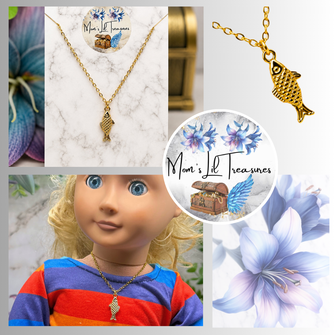 ✨ Handmade Doll Jewelry Designed to Fit popular 18 Inch Fashion Dolls: add a stylish touch to your favorite doll ✨

Fish Charm Gold Chain Doll Necklace