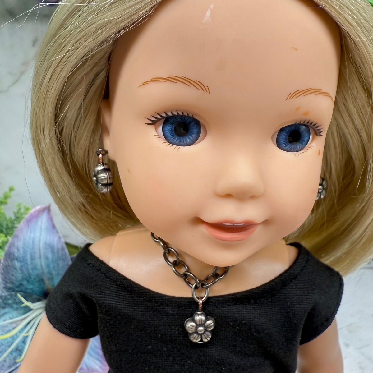 ✨ Handmade Doll Jewelry Designed to Fit popular 14 Inch Fashion Dolls: add a stylish touch to your favorite doll!✨

Flower Dangle Gunmetal Dark Silver Doll Necklace & Earrings Set