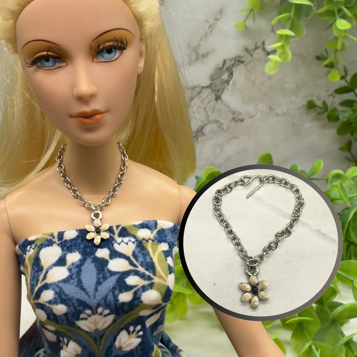 Beige Flower Pendant Silver Chain Doll Necklace. This necklace is 3.25 inches in length. Necklace shown on 16” Madame Alexander - Alex doll