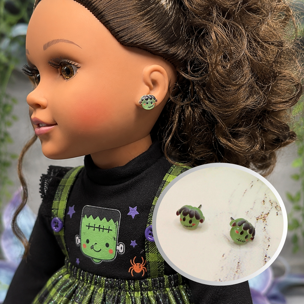 Handmade Doll Jewelry Designed to Fit popular 18 Inch Fashion Dolls: add some “Spooky Halloween 🎃” style to your favorite doll! Frankenstein Monster Halloween Stud Doll Earrings