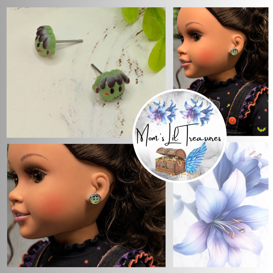 Handmade Doll Jewelry Designed to Fit popular 18 Inch Fashion Dolls: add some “Spooky Halloween 🎃” style to your favorite doll! Frankenstein Monster Halloween Stud Doll Earrings