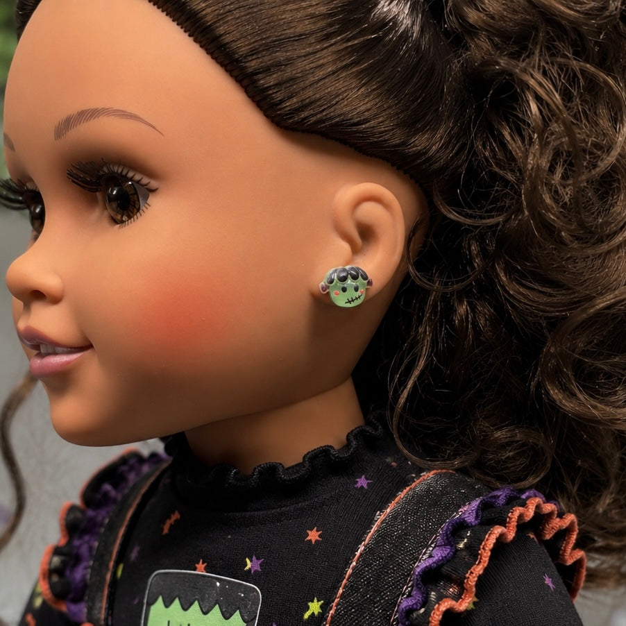Handmade Doll Jewelry Designed to Fit popular 18 Inch Fashion Dolls: add some “Spooky Halloween 🎃” style to your favorite doll! Frankenstein Monster Halloween Stud Doll Earrings