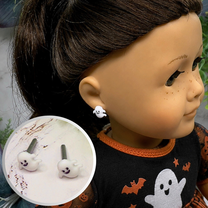 ✨Handmade Post Doll Earrings (Only fit 2mm drilled pierced ears) Designed to Fit popular 18 Inch Fashion Dolls: add some “Spooky Halloween 🎃” style to your favorite doll!✨ Ghost Halloween Post Doll Earrings • earrings shown on 18" American Girl doll.
