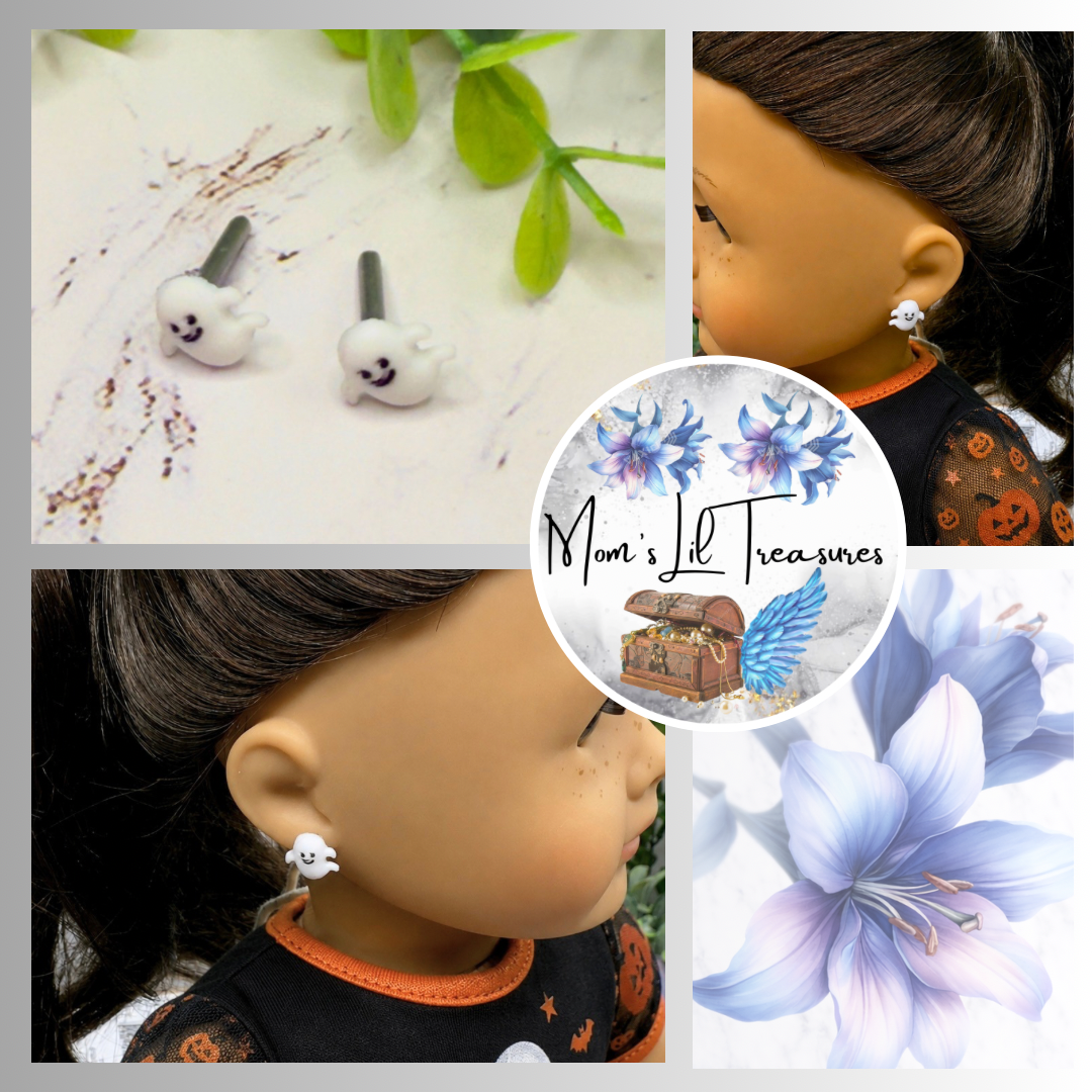 ✨Handmade Post Doll Earrings (Only fit 2mm drilled pierced ears) Designed to Fit popular 18 Inch Fashion Dolls: add some “Spooky Halloween 🎃” style to your favorite doll!✨ Ghost Halloween Post Doll Earrings • earrings shown on 18" American Girl doll.