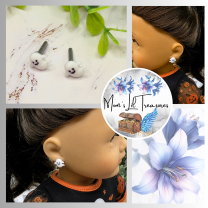 ✨Handmade Post Doll Earrings (Only fit 2mm drilled pierced ears) Designed to Fit popular 18 Inch Fashion Dolls: add some “Spooky Halloween 🎃” style to your favorite doll!✨ Ghost Halloween Post Doll Earrings • earrings shown on 18" American Girl doll.