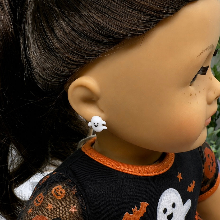 ✨Handmade Post Doll Earrings (Only fit 2mm drilled pierced ears) Designed to Fit popular 18 Inch Fashion Dolls: add some “Spooky Halloween 🎃” style to your favorite doll!✨ Ghost Halloween Post Doll Earrings • earrings shown on 18" American Girl doll.