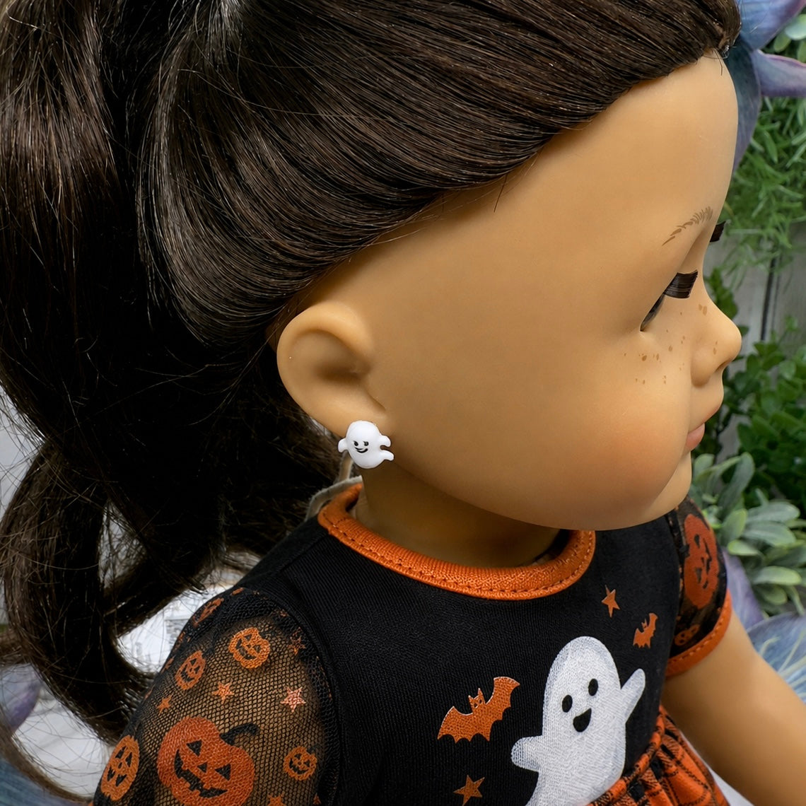 ✨Handmade Post Doll Earrings (Only fit 2mm drilled pierced ears) Designed to Fit popular 18 Inch Fashion Dolls: add some “Spooky Halloween 🎃” style to your favorite doll!✨ Ghost Halloween Post Doll Earrings • earrings shown on 18" American Girl doll.