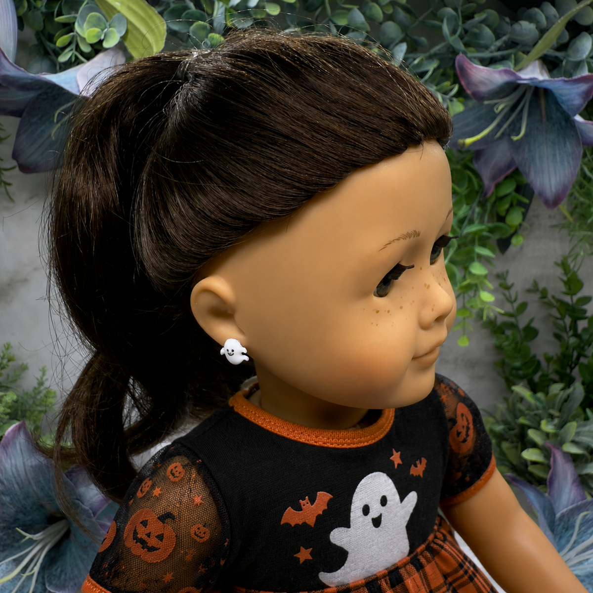 ✨Handmade Post Doll Earrings (Only fit 2mm drilled pierced ears) Designed to Fit popular 18 Inch Fashion Dolls: add some “Spooky Halloween 🎃” style to your favorite doll!✨ Ghost Halloween Post Doll Earrings • earrings shown on 18" American Girl doll.