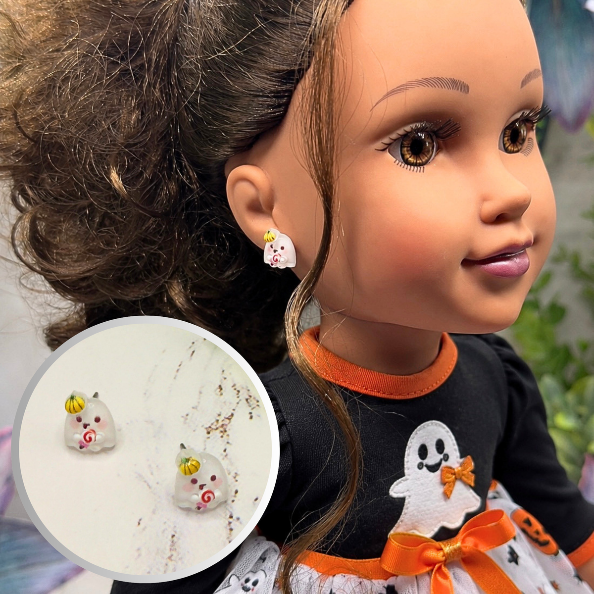Ghost with Pumpkin hat Halloween Stud Doll Earrings • Earrings shown on 18" Journey Girl doll.