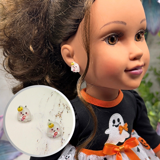 Ghost with Pumpkin hat Halloween Stud Doll Earrings • Earrings shown on 18" Journey Girl doll.