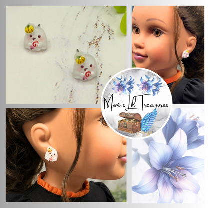 Ghost with Pumpkin hat Halloween Stud Doll Earrings • Earrings shown on 18" Journey Girl doll.