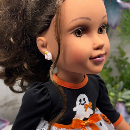 Ghost with Pumpkin hat Halloween Stud Doll Earrings • Earrings shown on 18" Journey Girl doll.
