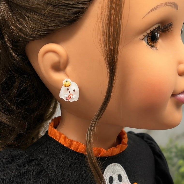 Ghost with Pumpkin hat Halloween Stud Doll Earrings • Earrings shown on 18" Journey Girl doll.