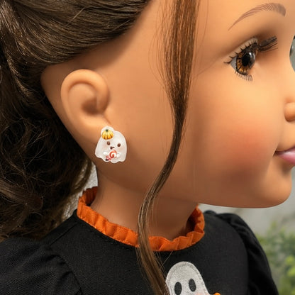 Ghost with Pumpkin hat Halloween Stud Doll Earrings • Earrings shown on 18" Journey Girl doll.