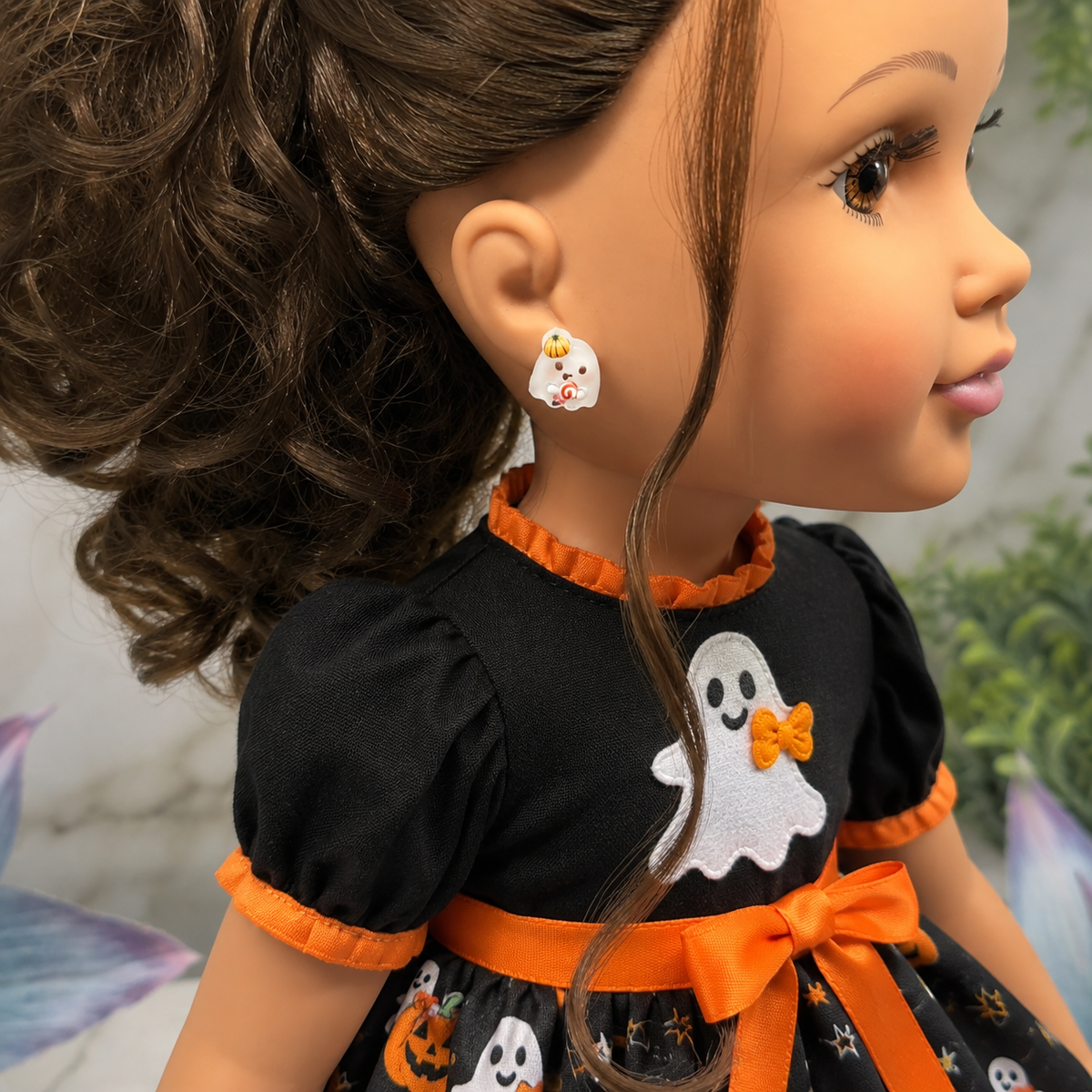 Ghost with Pumpkin hat Halloween Stud Doll Earrings • Earrings shown on 18" Journey Girl doll.